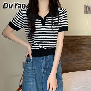 Du Yan เสื้อโปโล แขนสั้น ลายทาง สไตล์เกาหลี สีตัดกัน เหมาะกับฤดูร้อน สําหรับผู้หญิง