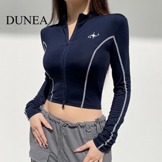 Dunea เสื้อยืด แขนยาว มีซิป สไตล์รถจักรยานยนต์ สําหรับผู้หญิง