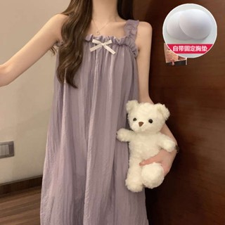 ชุดนอนสาวอวบ ชุดนอนสายเดี่ยว ระงับ nightdress ผู้หญิงฤดูร้อนทอผ้าฝ้ายเข็มขัดหน้าอกแผ่นรองนักเรียนหญิงลูกไม้แอปริคอทบ้านสวมชุดนอนกระโปรงฤดูร้อน