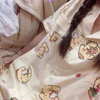 Kawaii ชุดนอน เสื้อคาร์ดิแกน แขนสั้น พิมพ์ลายการ์ตูนอนิเมะ Sanrio Pom Pom Purin ทรงหลวม สวมใส่สบาย เหมาะกับฤดูร้อน สําหรับผู้หญิง [RAIN]