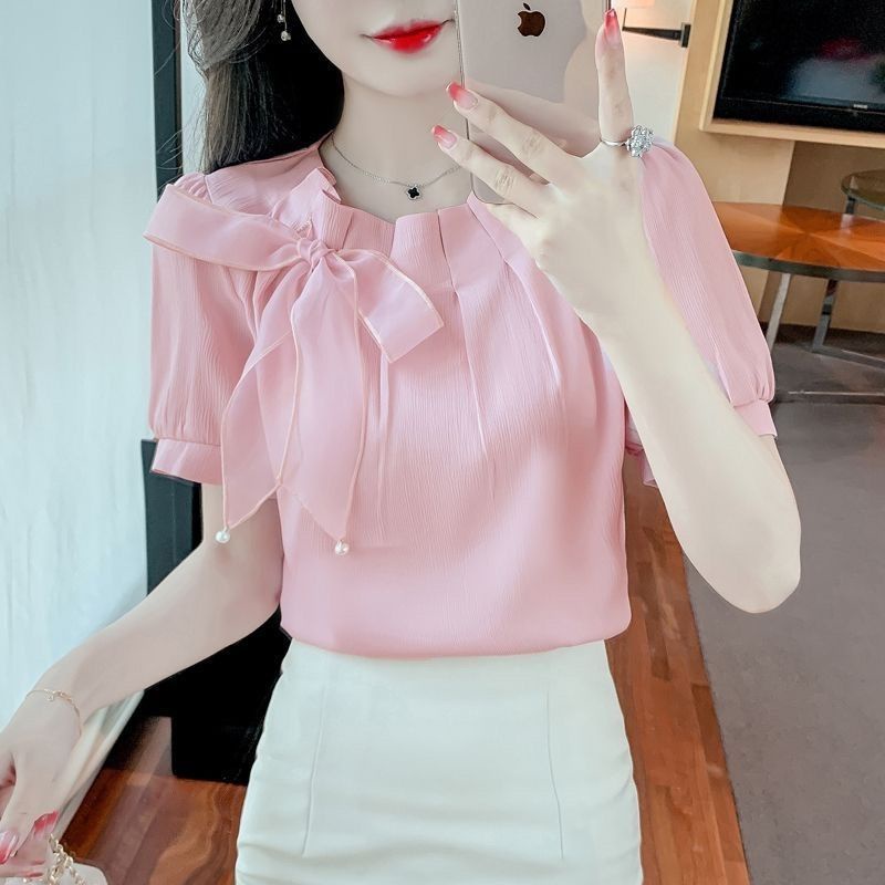 เสื้อเชิ้ตแขนสั้น คอกลม ผ้าชีฟอง แต่งจับจีบ ประดับโบว์ สไตล์เกาหลี สําหรับผู้หญิง