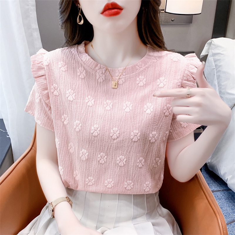 เสื้อยืดแขนสั้น ขอบใบบัว มีสไตล์ สําหรับผู้หญิง