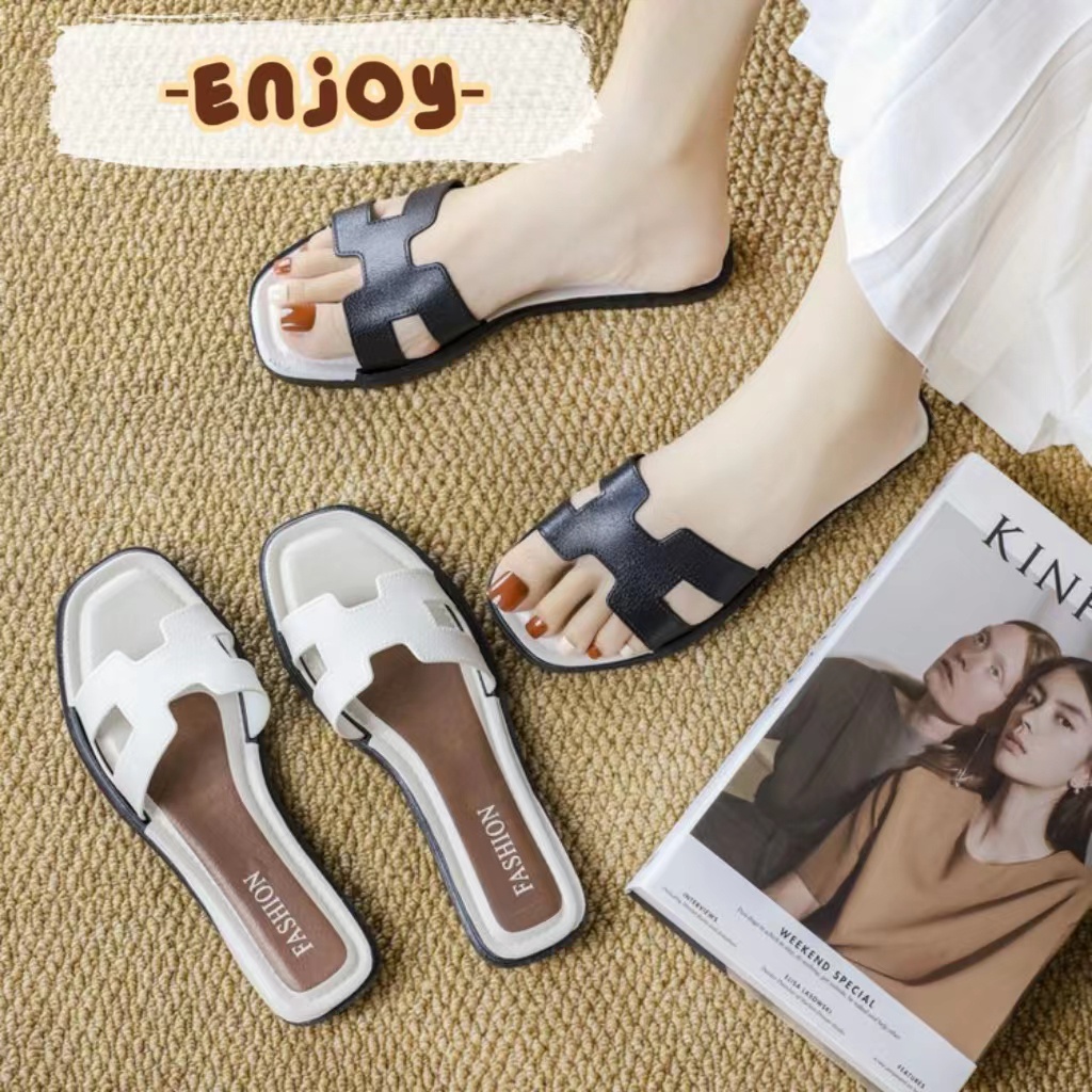 EnJoy พร้อมส่ง (LT-ASH) รองเท้า แบบสวมสายรูปตัวH สีพาสเทลพื้นเรียบ