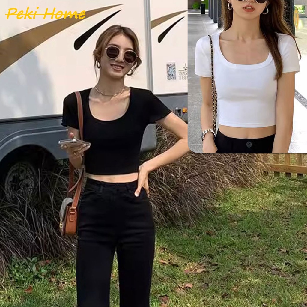 ผ้าชั้นเดียว เสื้อครอป แขนสั้น ทรงเบสิค มีสีให้เลือกเยอะมาก