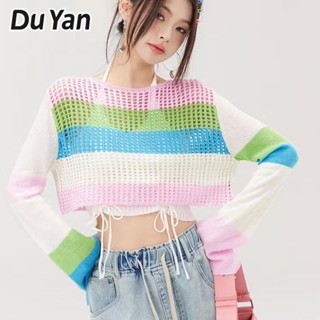 Du Yan เสื้อยืดแขนยาว คอกลม ผ้าถัก ทรงหลวม ขนาดใหญ่ ลายทาง สีตัดกัน สําหรับผู้หญิง