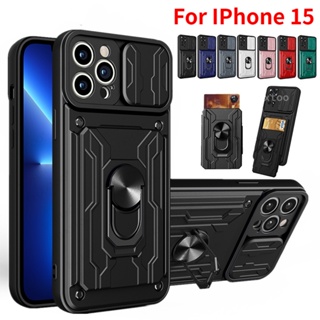 Armor Casing For IPhone 15 Pro Max Plus 15ProMax 15Plus 15Pro Iphone15 5G Shockproof Hard Phone Case Metal Ring Bracket Stent Card Slot Push Camera Lens Protect Back Cover Casing