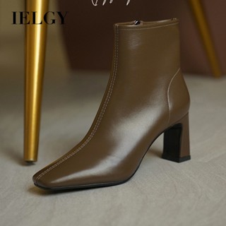 Ielgy รองเท้าบูทสั้น หัวเหลี่ยม สีน้ําตาล ขนาดเล็ก สําหรับผู้หญิง