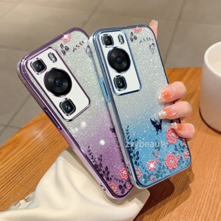 เคสโทรศัพท์มือถือแบบนิ่ม TPU แต่งกลิตเตอร์ ไล่โทนสี ลายดอกไม้ ระยิบระยับ สําหรับ HUAWEI P60 Pro 5G 2023 P60Pro P 60 P60+