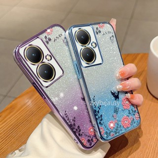 เคสโทรศัพท์มือถือแบบนิ่ม TPU แต่งกลิตเตอร์ ไล่โทนสี ลายดอกไม้ ระยิบระยับ สําหรับ Vivo Y27 2023 4G 5G Y27 Y 27