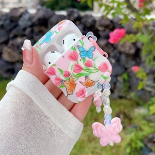 เคสหูฟังบลูทูธ ลายดอกไม้ ดอกทิวลิป ผีเสื้อ สีเขียว สําหรับ AirPods 3 Pro 2 AirPod 2 Pro2