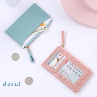 Shanhai กระเป๋าสตางค์ หนัง PU ใบเล็ก มีซิป สีพื้น ใส่บัตรเครดิตได้ สําหรับผู้หญิง