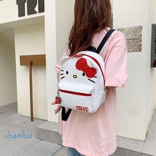 Shanhai กระเป๋าเป้สะพายหลัง หนัง PU พิมพ์ลายแมว และตัวอักษร ประดับโบว์ สไตล์ญี่ปุ่น สําหรับเดินทาง