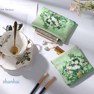 Shanhai กระเป๋าเครื่องสําอาง หนัง PU ปิดเองได้ ลายดอกไม้ ใบไม้ ฤดูใบไม้ผลิ สร้างสรรค์ แบบพกพา