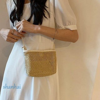 Shanhai Raffia กระเป๋าถือ กระเป๋าสะพายไหล่ สะพายข้าง หนัง Pu แบบสาน ฉลุลาย เหมาะกับเดินชายหาด แฟชั่นสําหรับสตรี