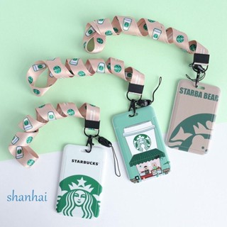 Shanhai กระเป๋าใส่บัตร บัตรพนักงาน บัตรรถบัส โพลีเอสเตอร์ ลายการ์ตูน Starbucks พร้อมสายคล้อง สําหรับนักเรียน