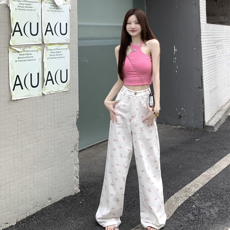 【จัดส่งจากประเทศไทย🇹🇭 &สินค้าเฉพาะจุด】 กางเกงยีนส์ลายดอกไม้สีขาว เอวสูงของผู้หญิง กางเกงแฟชั่นพิมพ์ลาย - รูปที่ 3