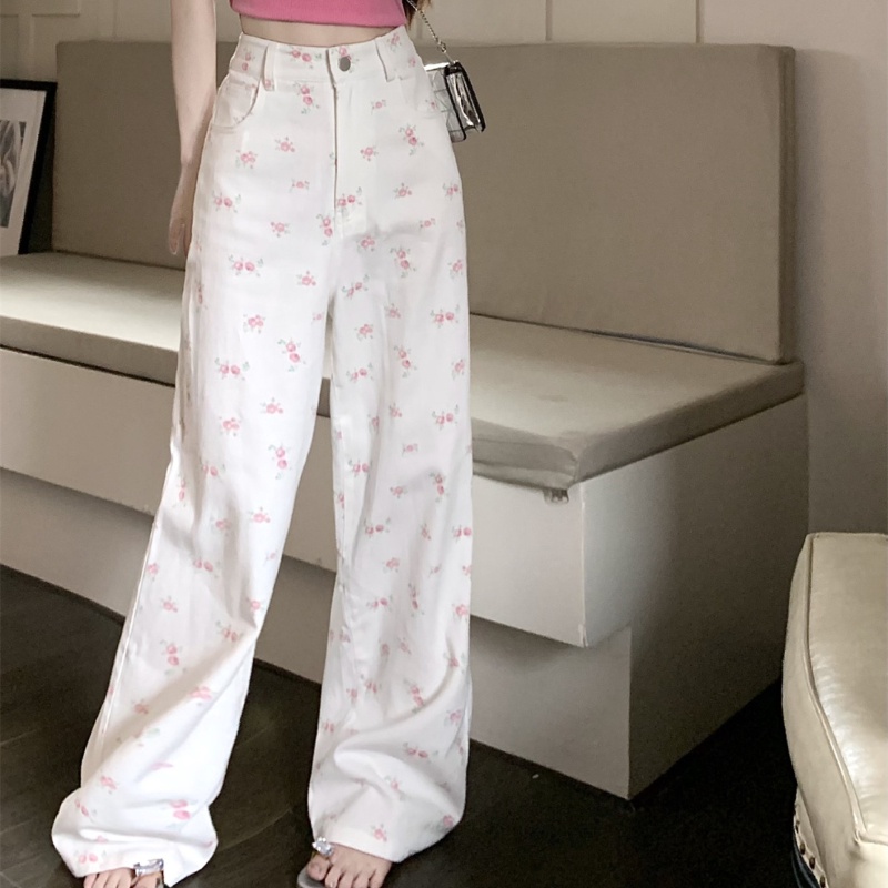 【จัดส่งจากประเทศไทย🇹🇭 &สินค้าเฉพาะจุด】 กางเกงยีนส์ลายดอกไม้สีขาว เอวสูงของผู้หญิง กางเกงแฟชั่นพิมพ์ลาย - รูปที่ 4