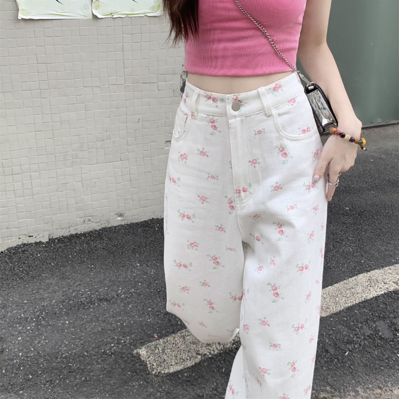 【จัดส่งจากประเทศไทย🇹🇭 &สินค้าเฉพาะจุด】 กางเกงยีนส์ลายดอกไม้สีขาว เอวสูงของผู้หญิง กางเกงแฟชั่นพิมพ์ลาย - รูปที่ 6