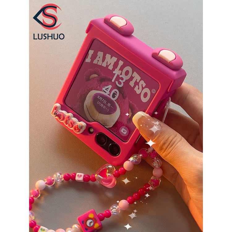 Lushuo เคสโทรศัพท์มือถือ PC แข็ง ปิดด้านหลัง ลายดอกกุหลาบน่ารัก พร้อมสายโซ่ สําหรับ Samsung Galaxy Z