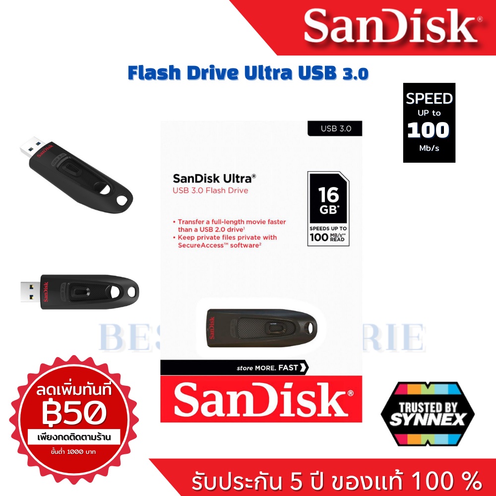 SanDisk Ultra Flashdrive USB 3.0 16GB รับประกัน 5 ปี ของแท้ อ่าน 130MB/s (SDCZ48-016G-U46,สีดำ)