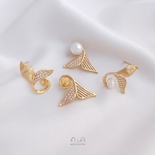 ต่างหูเข็มเงิน 14K ประดับเพทาย รูปหางปลาวาฬ หางปลา แบบครึ่งรู สีทอง DIY