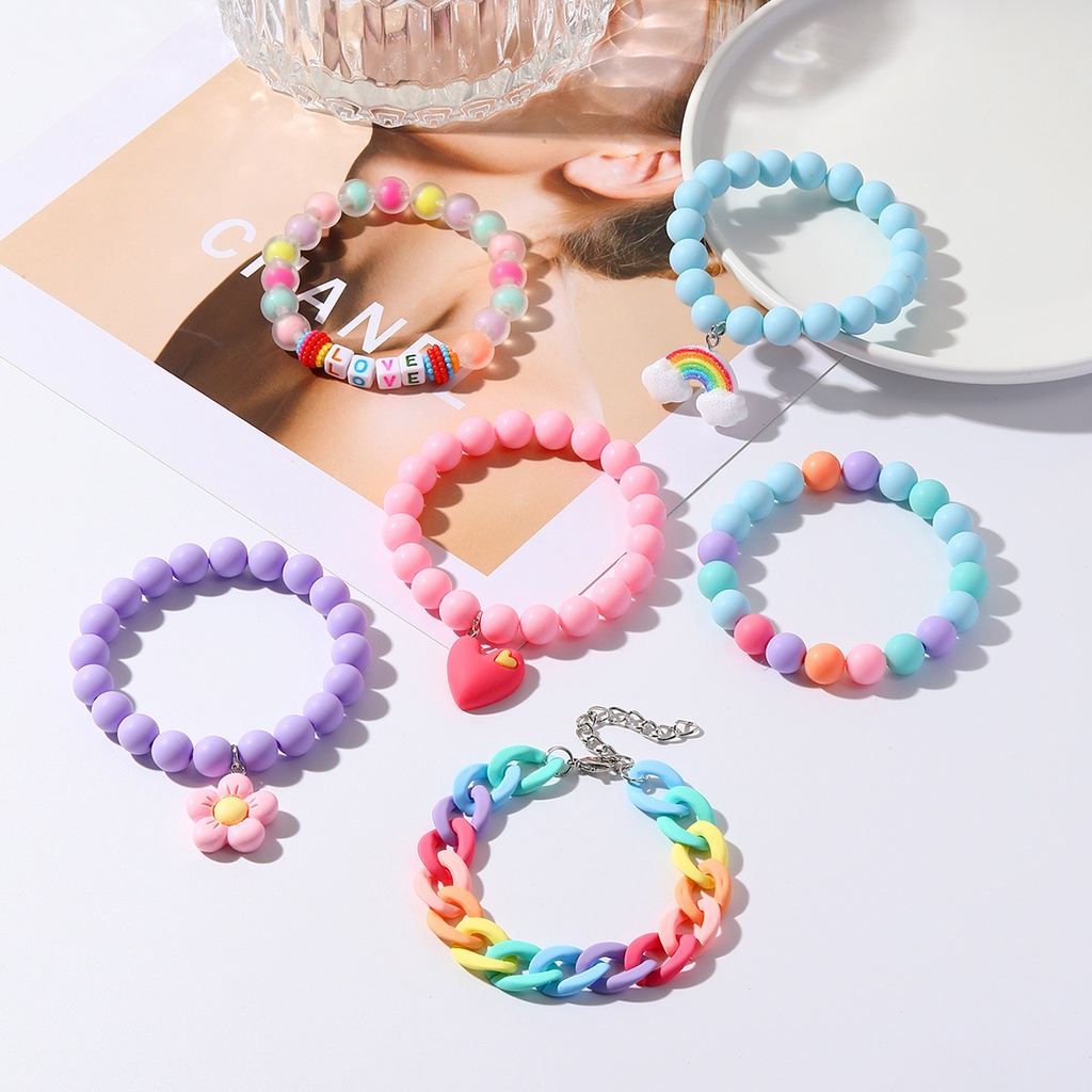เครื่องประดับ สร้อยข้อมือ จี้ลูกปัดอะคริลิค รูปหัวใจ และดอกไม้ สีสันสดใส สไตล์โบฮีเมียน แฟชั่นสําหรับผู้หญิง