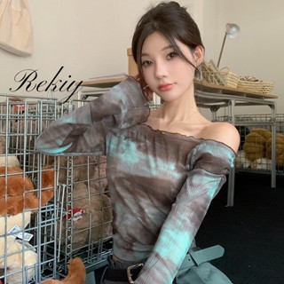 Rekiy เสื้อยืดแขนยาว เปิดไหล่ ผ้าตาข่าย แบบบาง สีมัดย้อม สําหรับผู้หญิง 2023