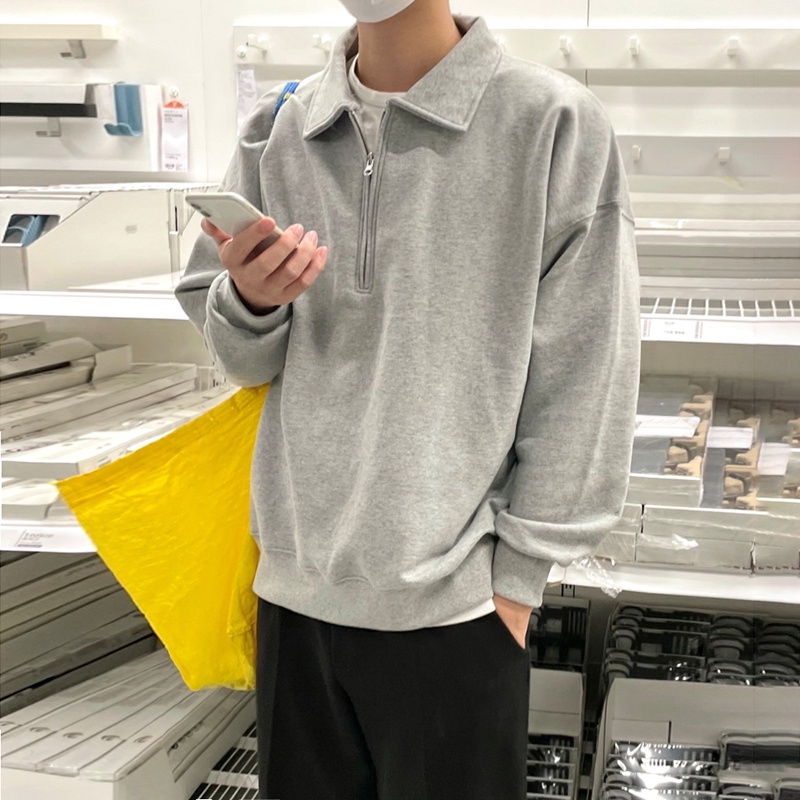 เสื้อคาร์ดิแกนกันหนาวลําลอง คอปกโปโล ทรงหลวม แบบสวมครึ่งหนึ่ง แต่งซิป สไตล์เกาหลี สําหรับผู้ชาย