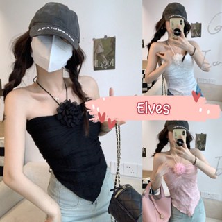 Elves✨พร้อมส่ง✨ เสื้อเกาะอกผ้าไหมพรม ผูกคล้อง แถมเข็มกัดดอกไม้  ~09008~ -C