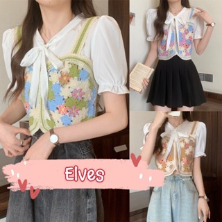 Elves✨พร้อมส่ง✨  เสื้อไหมพรม ปักลายดอกไม้แขนสั้น ผ้าชีฟอง ผูกโบว์ตรงคอหวานๆ ~72028~ -C