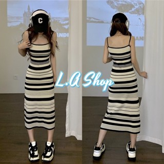 L.A Shop พร้อมส่ง ชุดเดรสไหมพรม สายเดี่ยวรัดรูป ปลายพริ้ว ดีเทลลายทาง "6A008" -C