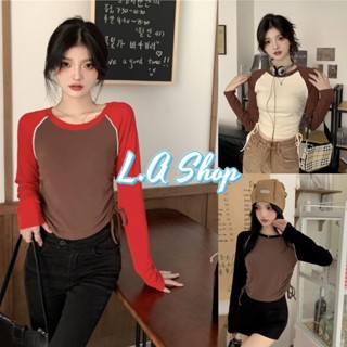 L.A Shop พร้อมส่ง เสื้อไหมพรมสีพื้น ทูโทน คอกลมแขนยาว "Y2611" -C