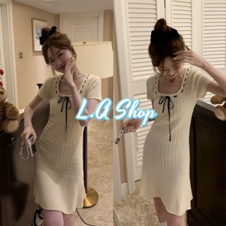 L.A Shop พร้อมส่ง ชุดมินิเดรสแขนสั้น ผ้าไหมพรม ลายเปียสีครีม "03038" -C