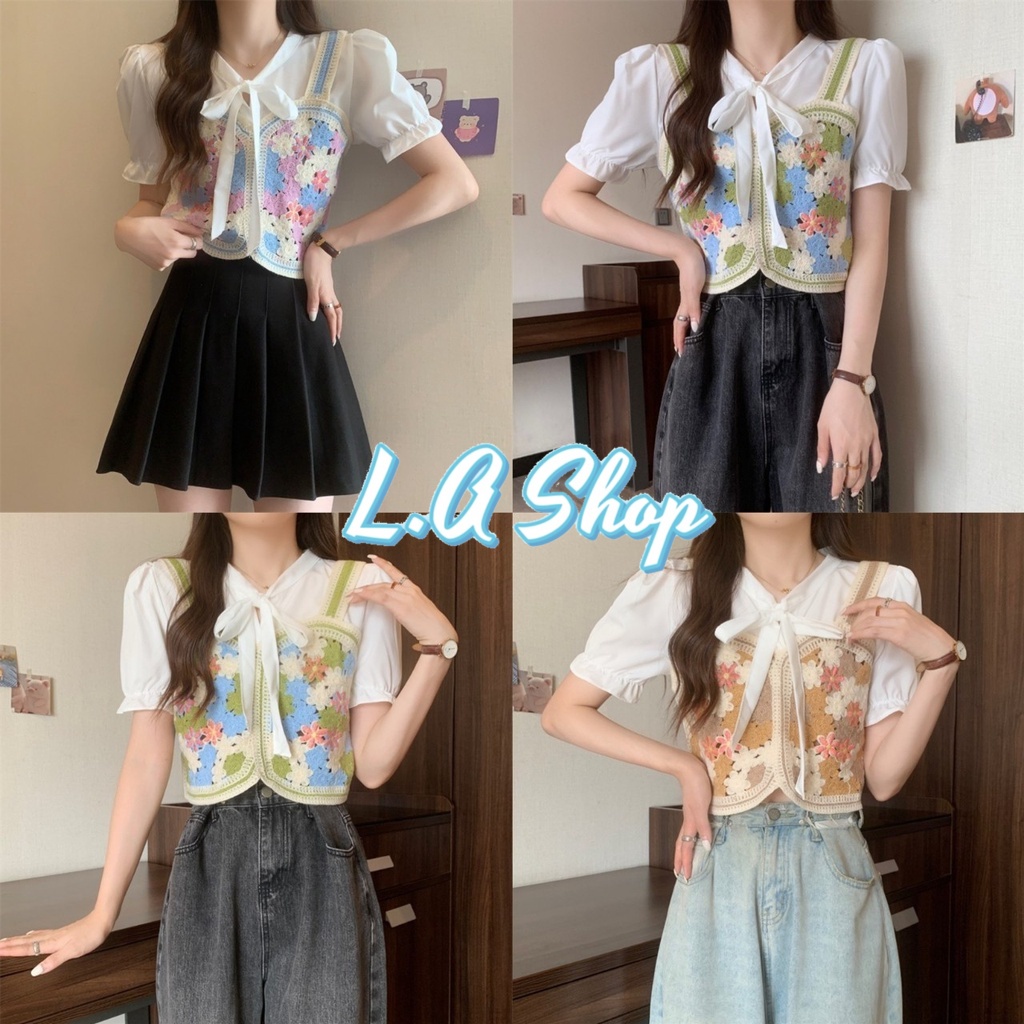 L.A Shop ​พร้อมส่ง เสื้อไหมพรมแขนสั้นผ้าชีฟอง ดีเทลผูกโบว์ตรงคอ "72028" -C