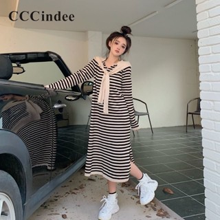 Cccindee ชุดเดรสคอกลม แขนยาว ทรงหลวม ลายทาง สีตัดกัน แฟชั่นใหม่ สําหรับผู้หญิง 2023