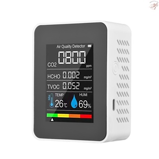 Hlluth เครื่องตรวจจับคุณภาพอากาศ CO2 แบบพกพา 5 in 1 ฟอร์มาลดีไฮด์ HCHO TVOC หน้าจอ LCD อุณหภูมิ ความชื้น ชาร์จได้ CO2 สําหรับห้อง สํานักงาน เรือนกระจก