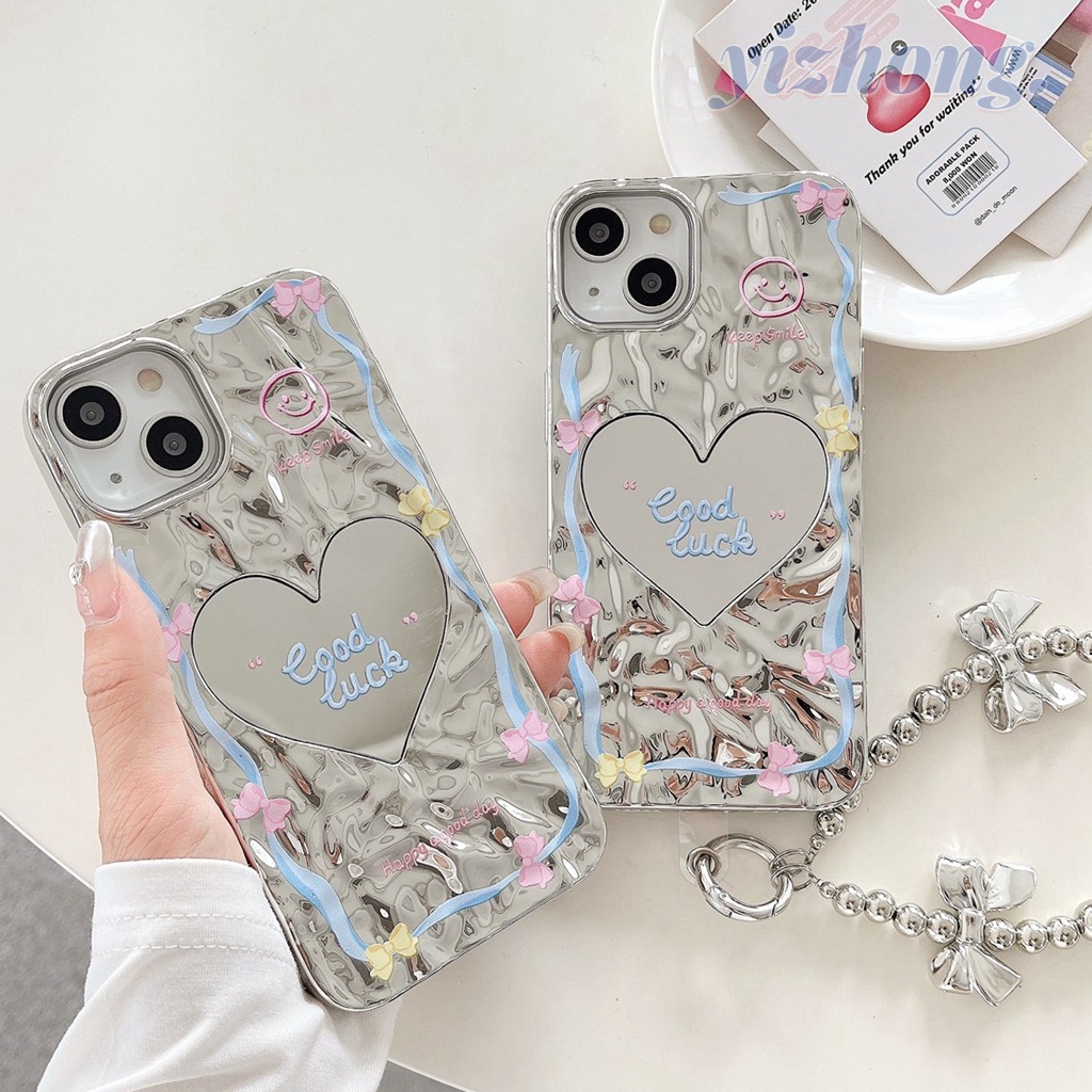 เคสโทรศัพท์มือถือ TPU ชุบไฟฟ้า ป้องกันกระแทก กันรอยขีดข่วน พิมพ์ลายหัวใจ ประดับโบว์นําโชค พร้อมสายโซ่คล้อง สําหรับ iPhone 11 14 Pro Max 12 13