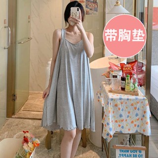 ชุดนอนสายเดี่ยว ชุดนอนสาวอวบ ระงับชุดนอนผู้หญิงฤดูร้อนบางแขนกุดสีเทา loungewear กับแผ่นหน้าอกแบบบูรณาการเซ็กซี่ชุดนอนกระโปรงฤดูร้อน