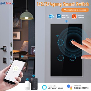 ไร้สาย 1/2/3/4 GANG Tuya WiFi สมาร์ทสวิทช์สัมผัส Home Light Wall ปุ่ม 120*72 มม.Neutral Wire สำหรับ Alexa และ Go-ogle Home Assistant (ต้องใช้ลวดเป็นกลาง) Linklink