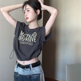 💗พร้อมส่ง💗เสื้อ Croptop สไตล์เสื้อยืด แขนสั้น ลักษณะพับเป็นกล่อง ผ้าหนาพับเป็นลวดลาย มีสายรัด แฟชั่นสำหรับผู้หญิง