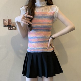 เสื้อยืด คอเต่า แขนกุด ผ้าถัก แต่งลูกไม้ ทรงสลิมฟิต แฟชั่นฤดูร้อน สําหรับผู้หญิง