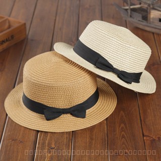 0828YWBH Foreign Trade Dome British Bowler Hat Flat-Brimmed Cap Straw Sun Protection Fashion Straw Hat Bow Summer Sun Hat Sun Protection防晒 X11U