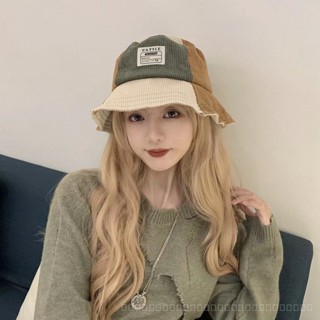 0828YWBH European and American Fashion Colorblock Patch Corduroy Fisherman Hat Womens Autumn and Winter New Internet Celebrity Street Style All-Matching Basin Hat Trendy Sun Prote