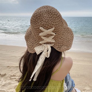 0828YWBH Straw Hat Female Lace Bow Hollow Crochet Hat Summer Sun-Proof Sun Hat Fashion Foldable Basin Hat Sun Protection防晒 5H19