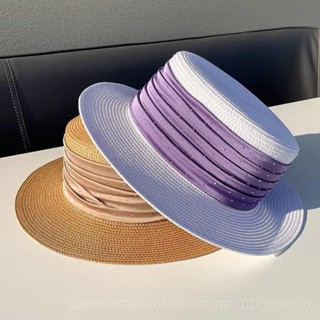 0828YWBH French Style Flat Top Hat Womens Spring and Summer Satin Rhinestone Straw Korean Style Beach Vacation Sun Protection Sun Hat Womens Sun Protection防晒 GONP