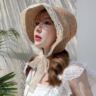 0828YWBH Internet Celebrity Straw Hat Womens Summer Lace Lace-up Beach Hat Fresh Seaside Travel Vacation Sun Protection Sun Hat Strap Sun Protection防晒 HUCH