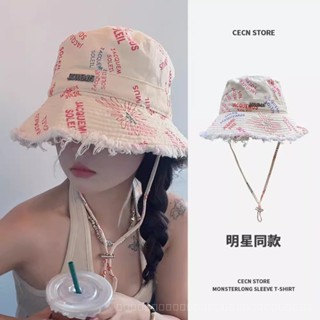 0828YWBH Hyuna Same Style with Wind Proof Rope Bucket Hat Fashionable Frayed Sweet Cool Hot Girl Seaside Drawstring Sun Protection Sun Hat Men Sun Protection防晒 50OE