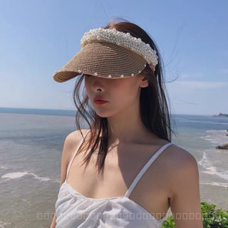 0828YWBH New Sun Protection Hat Korean Straw Plaited Pearl Topless Hat Summer Big Brim Sun Hat Straw Hat Female Online Influencer Peaked Cap Sun Protection防晒 PLHE