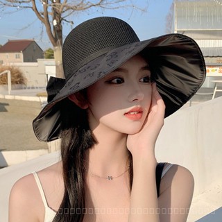 0828YWBH  Sun Protection Female Summer Foldable Seaside Travel Beach Hat Bow Sun Protection Wide Brim Vinyl Bucket Hat Sun Protection防晒 PTLD