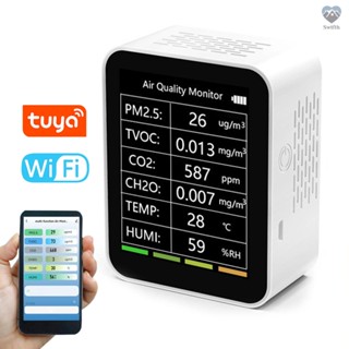 {Titi} Tuya เครื่องตรวจจับคุณภาพอากาศ WiFi แบบพกพา 6 In 1 PM2.5 TVOC CO2 CH2O สําหรับบ้าน ออฟฟิศ